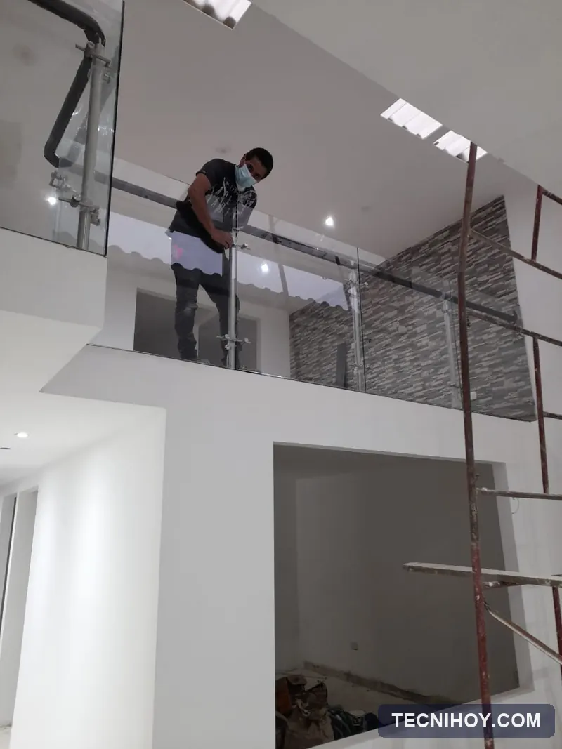 Baranda en vidrio templado con pasamanos en acero inoxidable