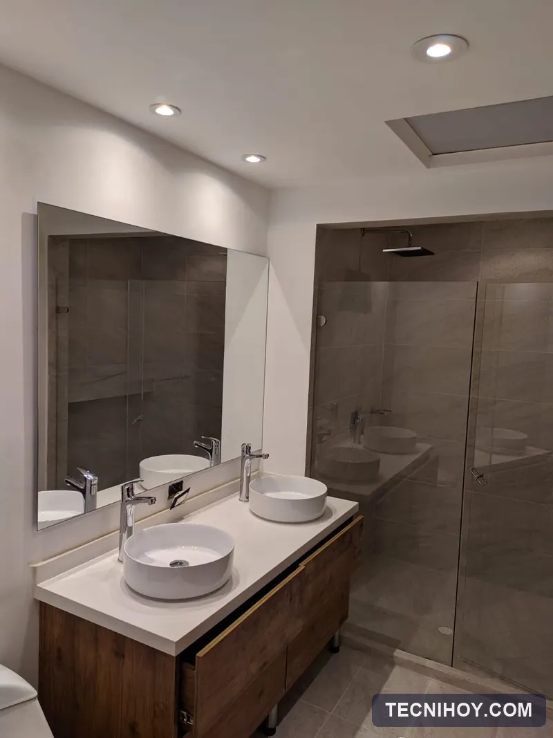 Espejo y división de baño en vidrio templado instalados en el mismo baño