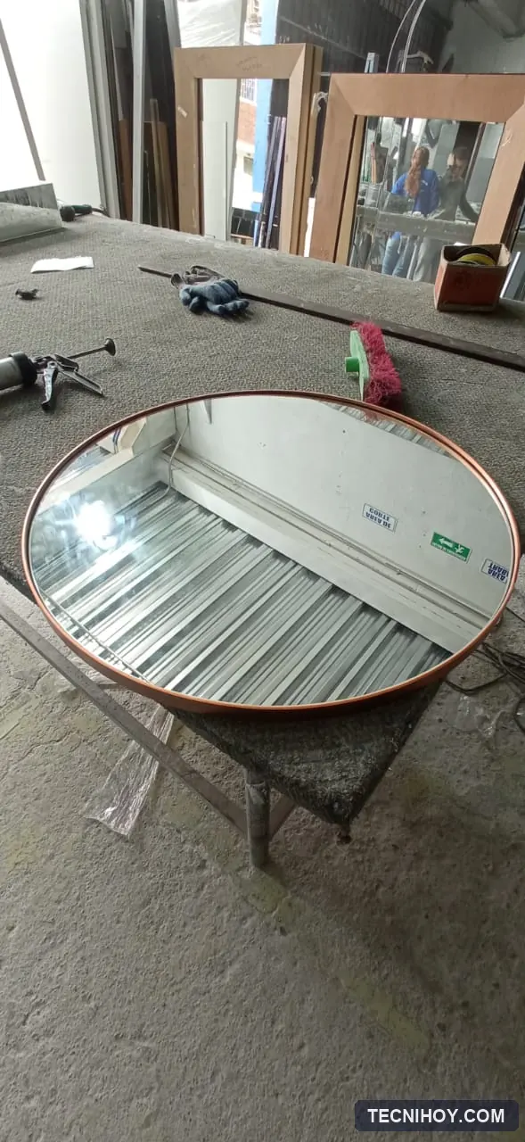 Espejo redondo con marco metálico en fabricación