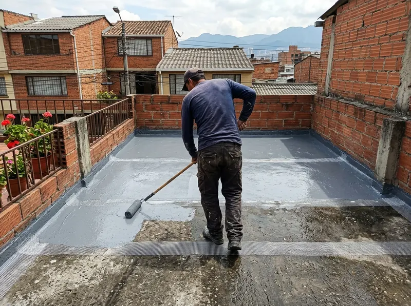 Aplicación de impermeabilizante acrílico con rodillo en una terraza