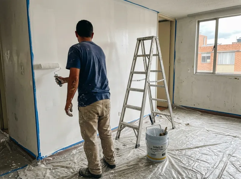 Pintor aplicando vinilo con rodillo en la sala de un apartamento